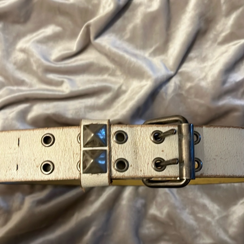 Vintage White Leather Studded Belt  with Two Rows of Pyramid Studs - Size 36